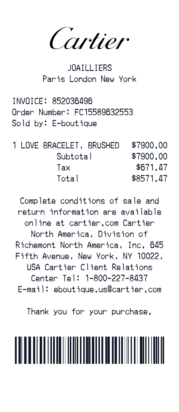 Generate Cartier Receipt - ReceiptGenerate.com